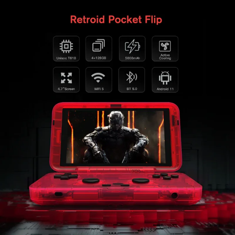 

Retroid Pocket Flip 4.7Inch Touch Screen Handheld Game Player 4G+128G Wifi Android 11 Video Game Console 5000mAh Active Cooling