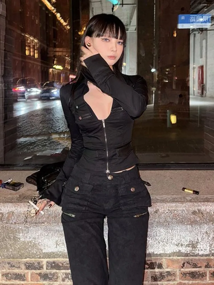 Y2k эстетичная женская черная пикантная блузка приталенная гранж двойная молния