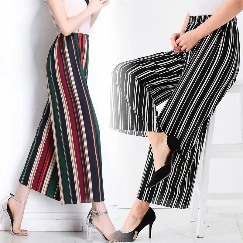 

Wide-leg pants women's elastic waist in spring and summer, thin, ethnic and versatile pants, loose nine-minute pants in summer.