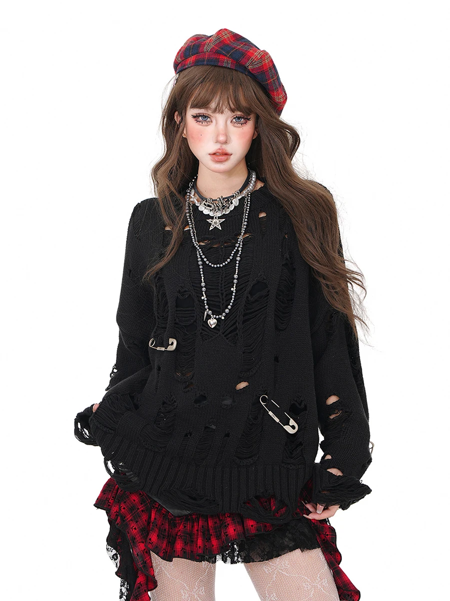 ReddaChic женский ажурный джемпер с большими булавками осенний однотонный длинными