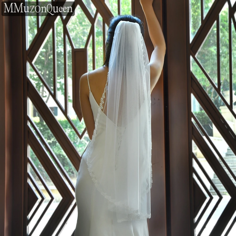 

Современная Белая Однослойная Фата MMuzonQueen A03 с кружевной отделкой в виде листьев пальцев с гребнем для волос свадебная фата для помолвки