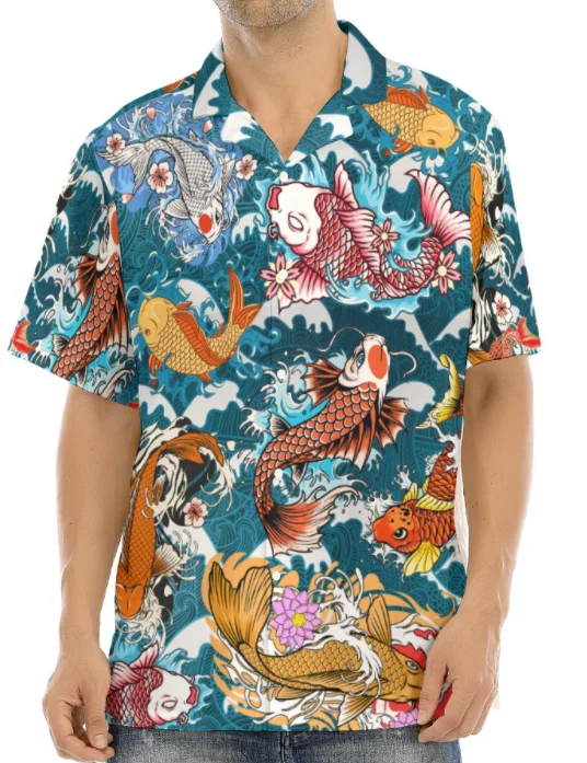 

Hawaiian Shirt Men Chinese Style 3D Print Koi Painting Cuban Skeleton Short Sleeve Shirt Vintage Vacation Streetwear