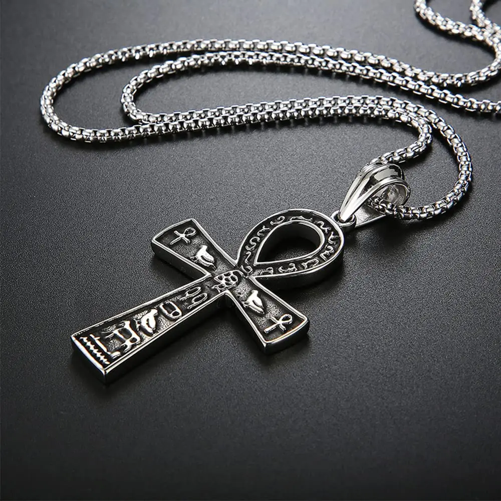 

Ankh Cross Necklace Key of Life Pendant with Egyptian Hieroglyphic Sign Stainless Steel Necklace of Amulet