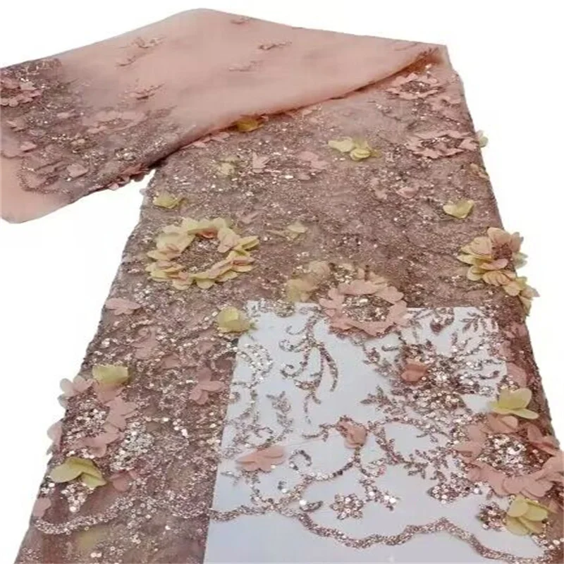 

Green Sequined Design Red French 3d flower Pink Lace Fabric Embroidery African Mesh Lace Fabric With Sequins For Party Dress
