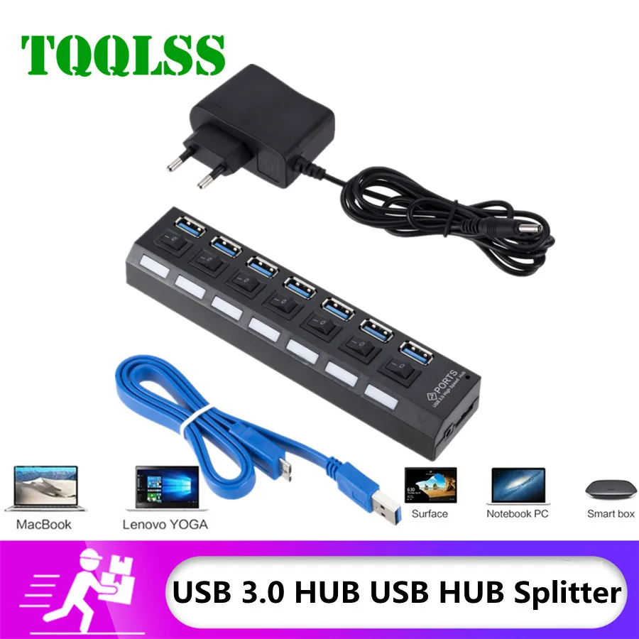 

TQQLSS USB 3.0 Hub USB Hub 3.0 Multi USB Splitter 7 Port Use Power Adapter Multiple 3 Hab Expander USB Hub with Switch for PC