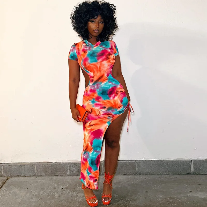 

Tight Irregularly Split Collar Dress In Long Printed Package Sets Hip Skirt Sexy Backless Women Summer 2023 For Beach Cover Up