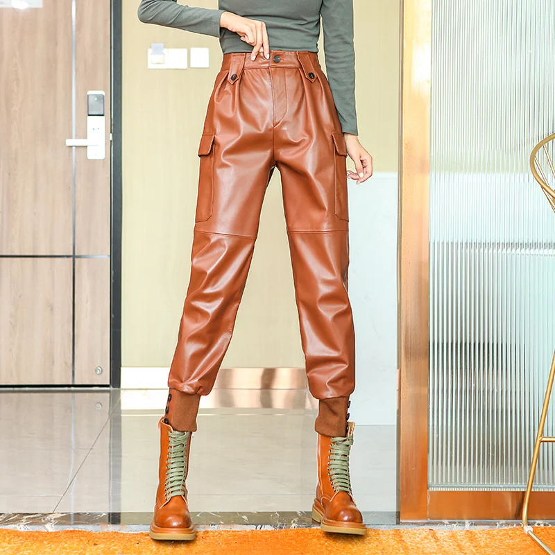 

Pants Women Cargo Genuine Leather Streetwear Casual Elastic High Waist Harem Pants Fashion Sheepskin Casual Ankle Length Trouser