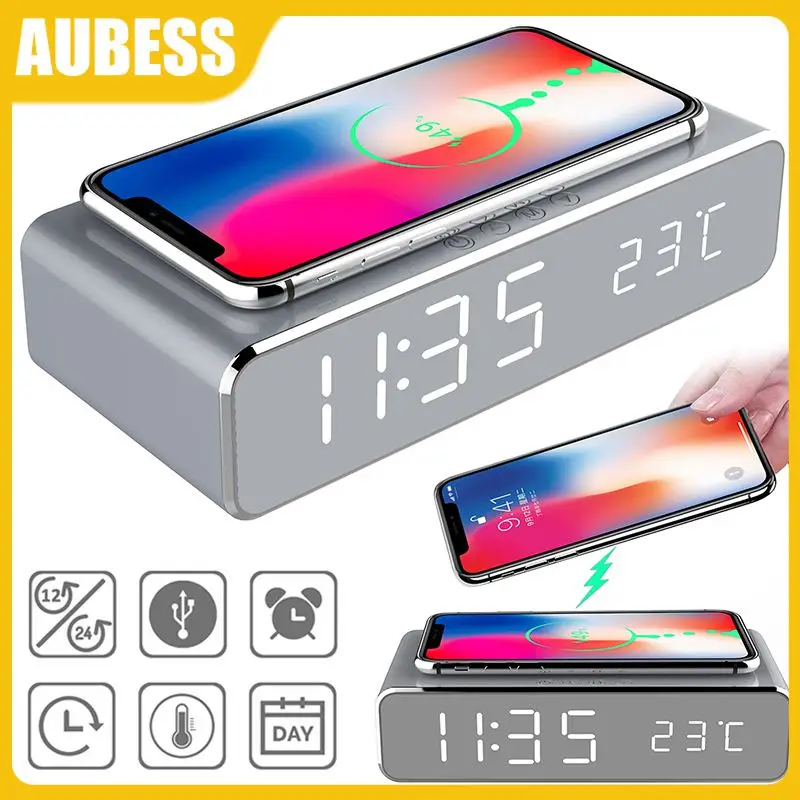 

Despertador Thermometer Clock Hd Mirror Table Decor Electric Alarm Clock Portable Led Wireless Charger Table Clock With Date 24h