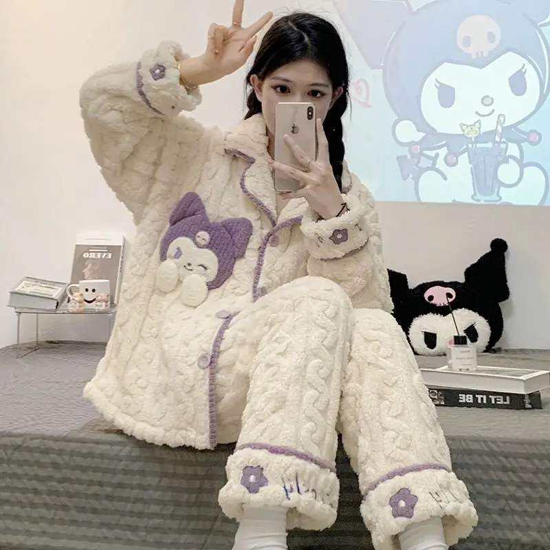 

Sanrio Kuromi Cinnamoroll Pajamas Cute Women's Autumn Coral Hair Thickened Student Furry Winter Warm Suit Household Clothes