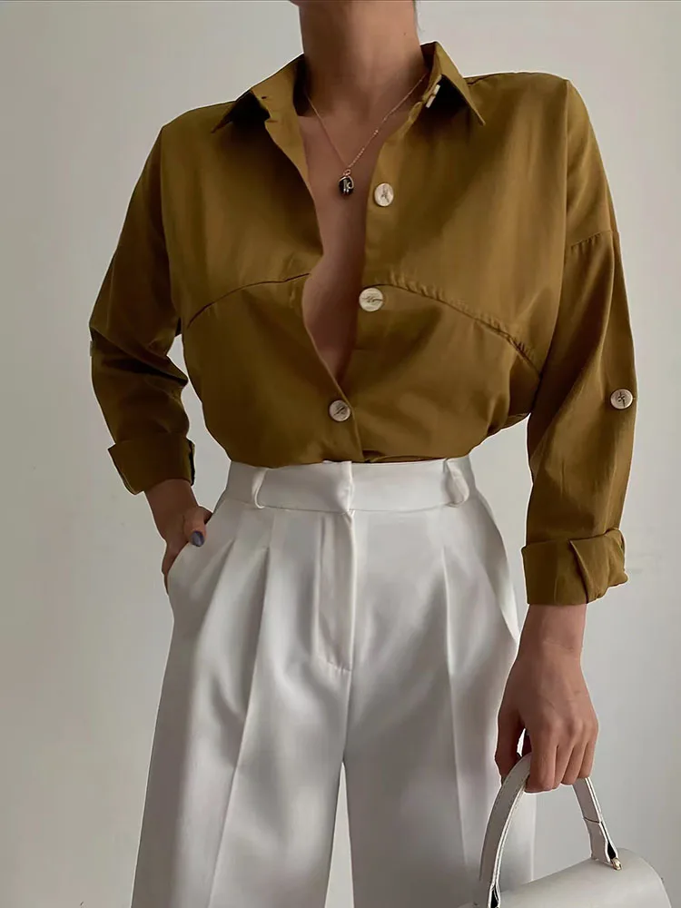 

XEASY Women Brown Shirts 2022 New Fashion Office Shirts Lapel Single Breasted Long Sleeves Vintage Chic Shirts