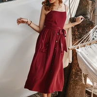 summer spaghetti strap dress women cottagecore dress solid color fashion beach button pocket casual dresses for women red