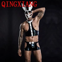 men wet look faux leather top tee vest colorful rabbit long ears mask fur ball tail pu boxer set sexy bunny cosplay underwear