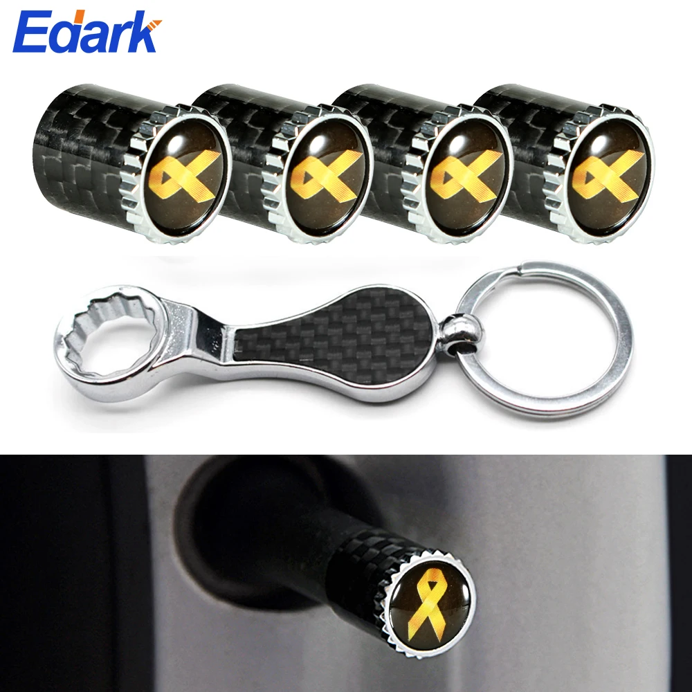 

5Pcs/Set Car Wheels Tires Valves Carbon Fiber Yellow Ribbon Style Emblem Dust Dustproof Auto Truck Bike ATV Rims Valve Cover New