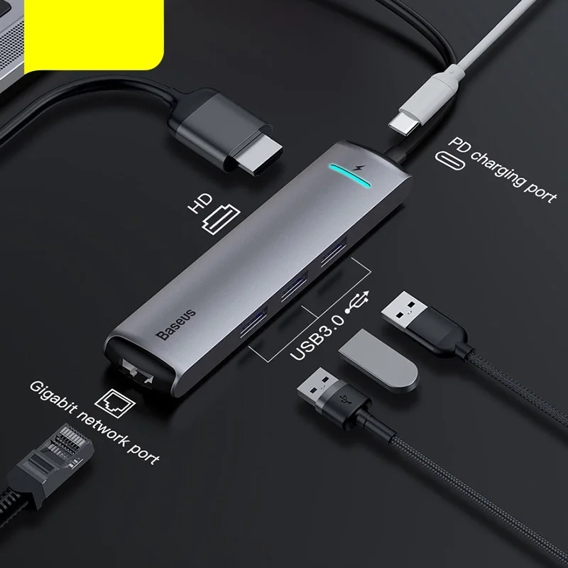 

New Baseus USB C HUB Type C HUB to 4KHD RJ45 Ethernet Multi USB 3.0 Port PD Power Adapter For MacBook Pro Dock USB-C Splitter