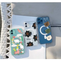 cute animal flower phone case for iphone 13 12 11 mini pro max transparent super magnetic magsafe cover