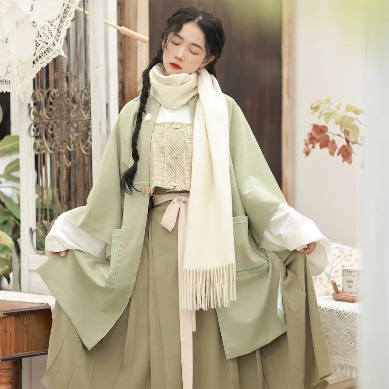 

2 Colors 4Pc Improved Modern Hanfu Dress Set Red Green Classic Chinese Style Winter Coat Shirt Sling Vest Horse Face Skirt