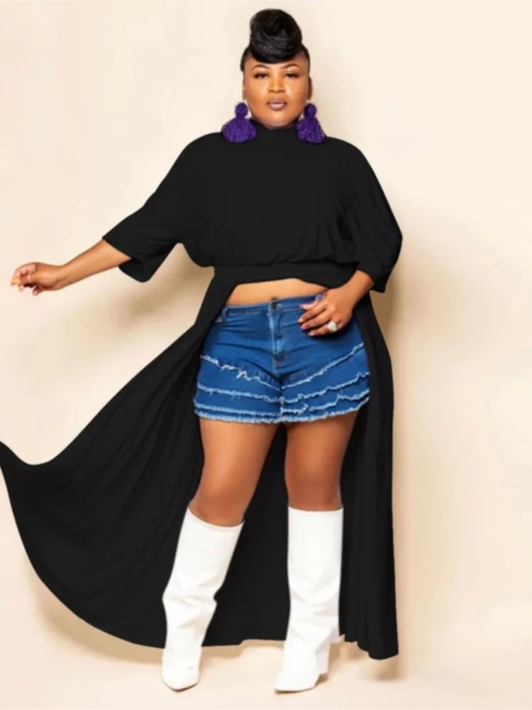 

4XL Plus Size Women's Clothing Tops Half Sleeve Patchwork Big Size 3XL Robes Summer Solid Fashion Sexy Oversize Long T-shirt