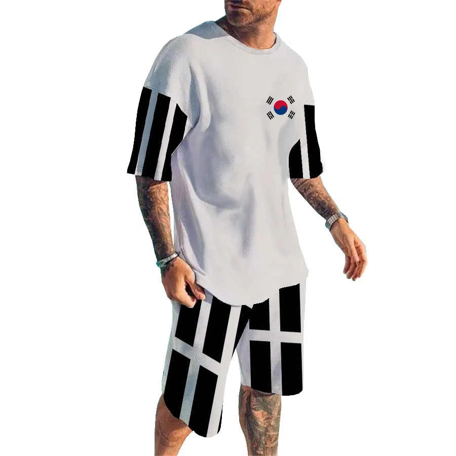 

New Large Size, South Korea, National Flag 3D Print Pocket Pants, Men's T-shirt, Round Neck Short Sleeve Set, Daily Casual Shirt
