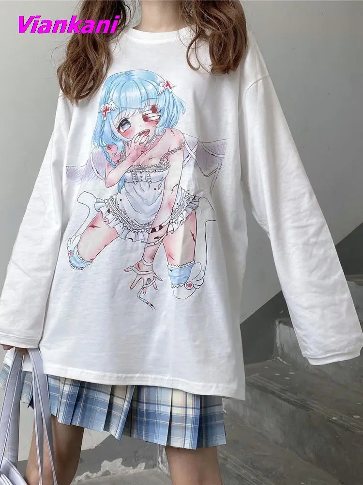 

Harajuku Anime Cute T-Shirts Women Japanese Streetwear Print Tees White Long Sleeve Tops 2022 Korean Casual Female T Shirts