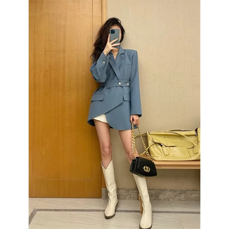 

UNXX Chic Women Blazers Long Sleeve Blue Irregular Suit Jackets Lace-up Button Casual Overcoats 2023 Autumn Female Clothing Coat