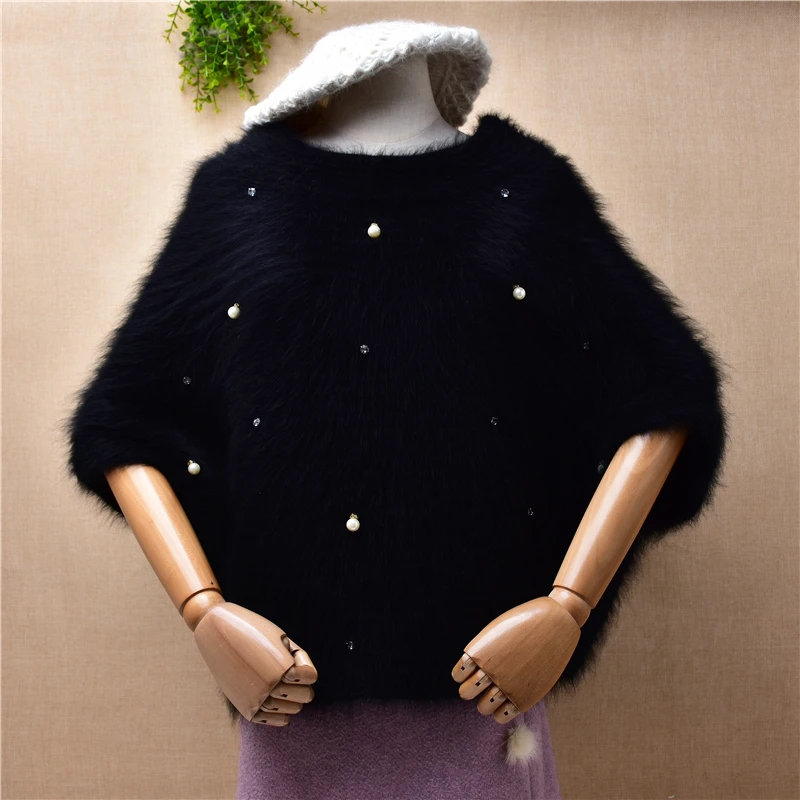 

ladies women fashion black autumn winter beading mink cashmere knitted short batwing sleeves o-neck loose pullover sweater vest