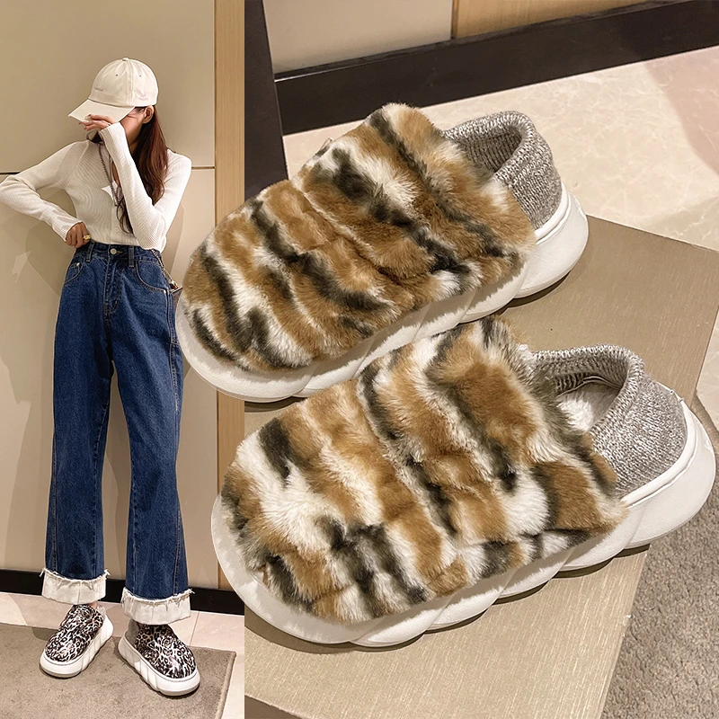 

Зимние женские ботинки с леопардовым принтом, хлопковые тапочки, водонепроницаемая Нескользящая теплая плюшевая обувь на плоской подошве, ...