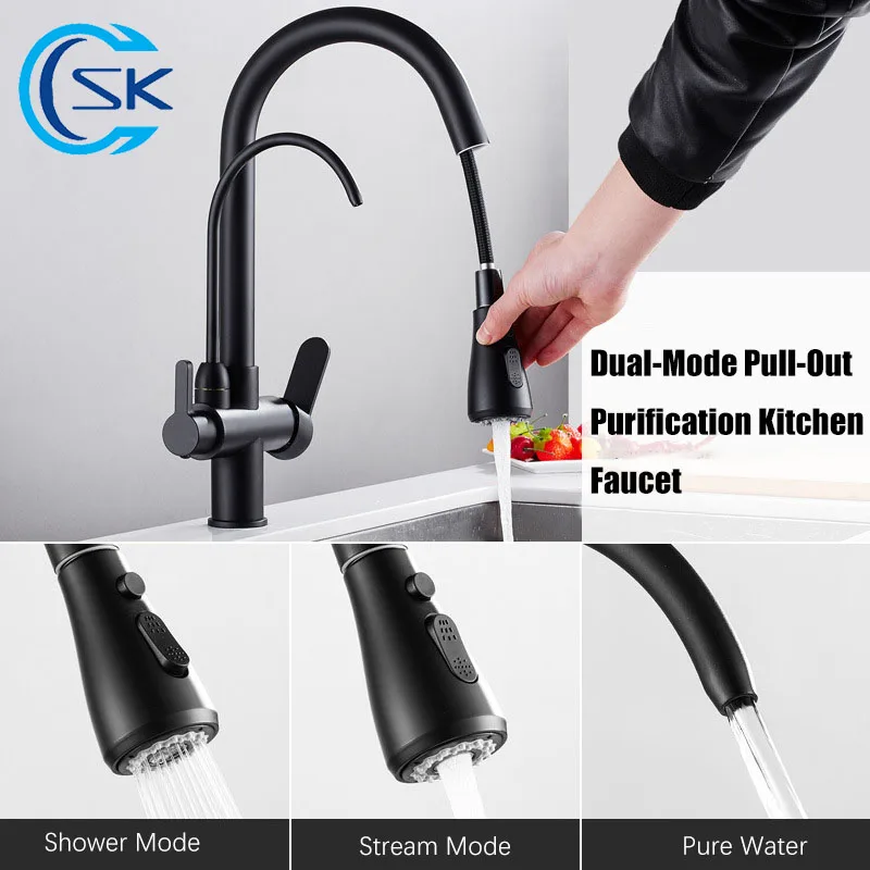 

Purification Kitchen Faucets Chrome/Black Pull Out Kitchen Water Filter Tap 3 Way Mixer Torneira Para Cozinha De Parede Crane