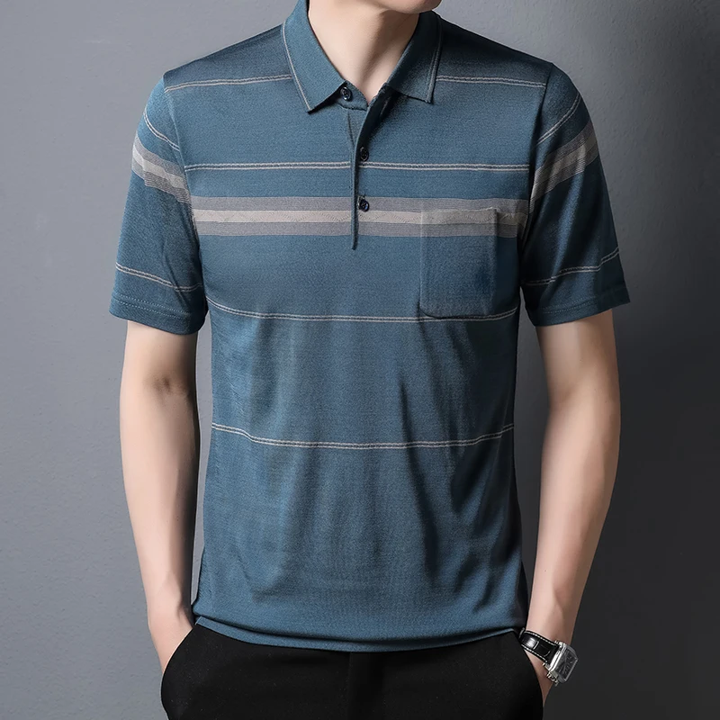 

Рубашка-поло мужская в полоску, Повседневная дышащая быстросохнущая тонкая приталенная, с лацканами, мягкая однотонная, деловой стиль, лето