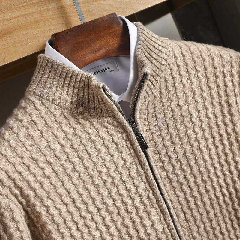 100%  Wool Coat Men's Stand Collar Cardigan Autumn and Winter Thickened Cashmere Knitted Jacket  Fashion