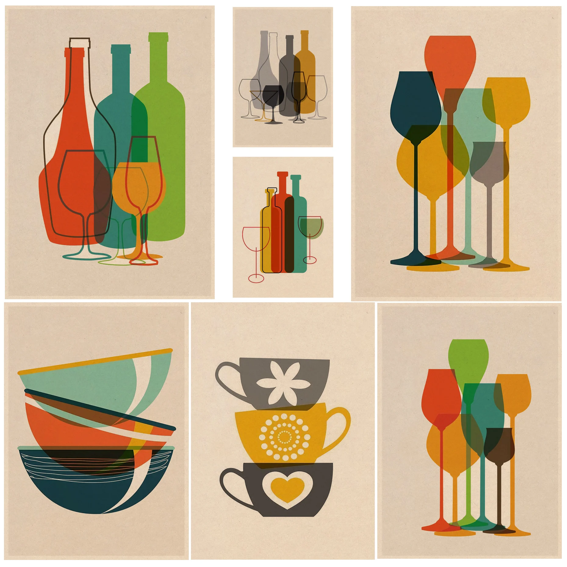 

Abstract Colorful Gray Tableware Painting Rice Bowl Posters Retro Kraft Paper Sticker DIY Room Bar Cafe Nordic Home Decor