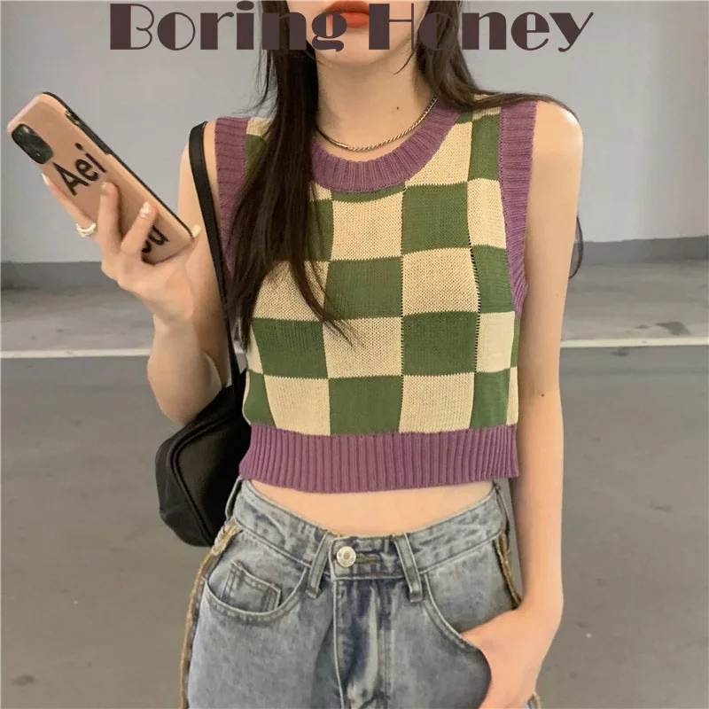 

Boring Honey Summer Clothes For Women Contrast Color Chequer Knitting Camis Tops Chic Base Shirt Sleeveless Crop Top Women