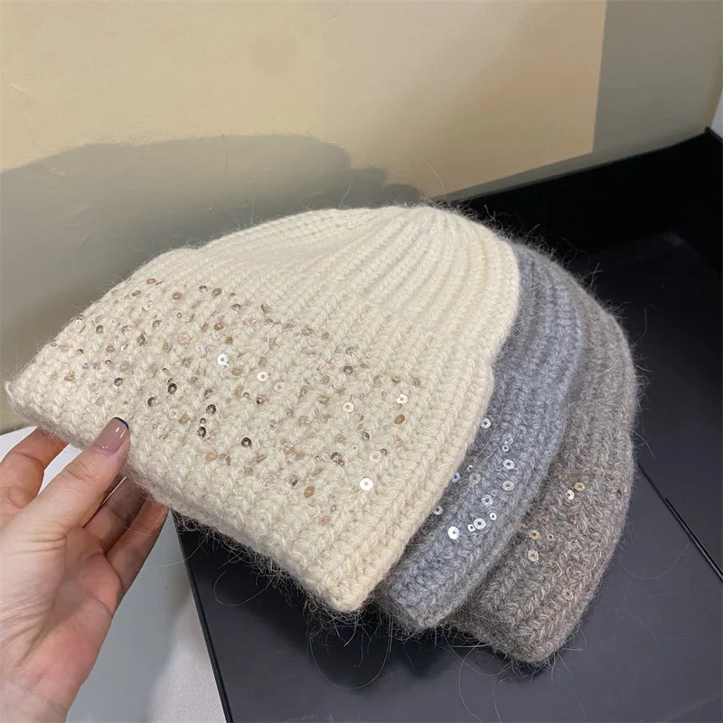 

202310-2509411 ins шикарная зимняя мягкая Ангорская шапка с блестками кролик теплая вязаная крутая шапка для отдыха женские шапочки облегающие Шапки женская шапка