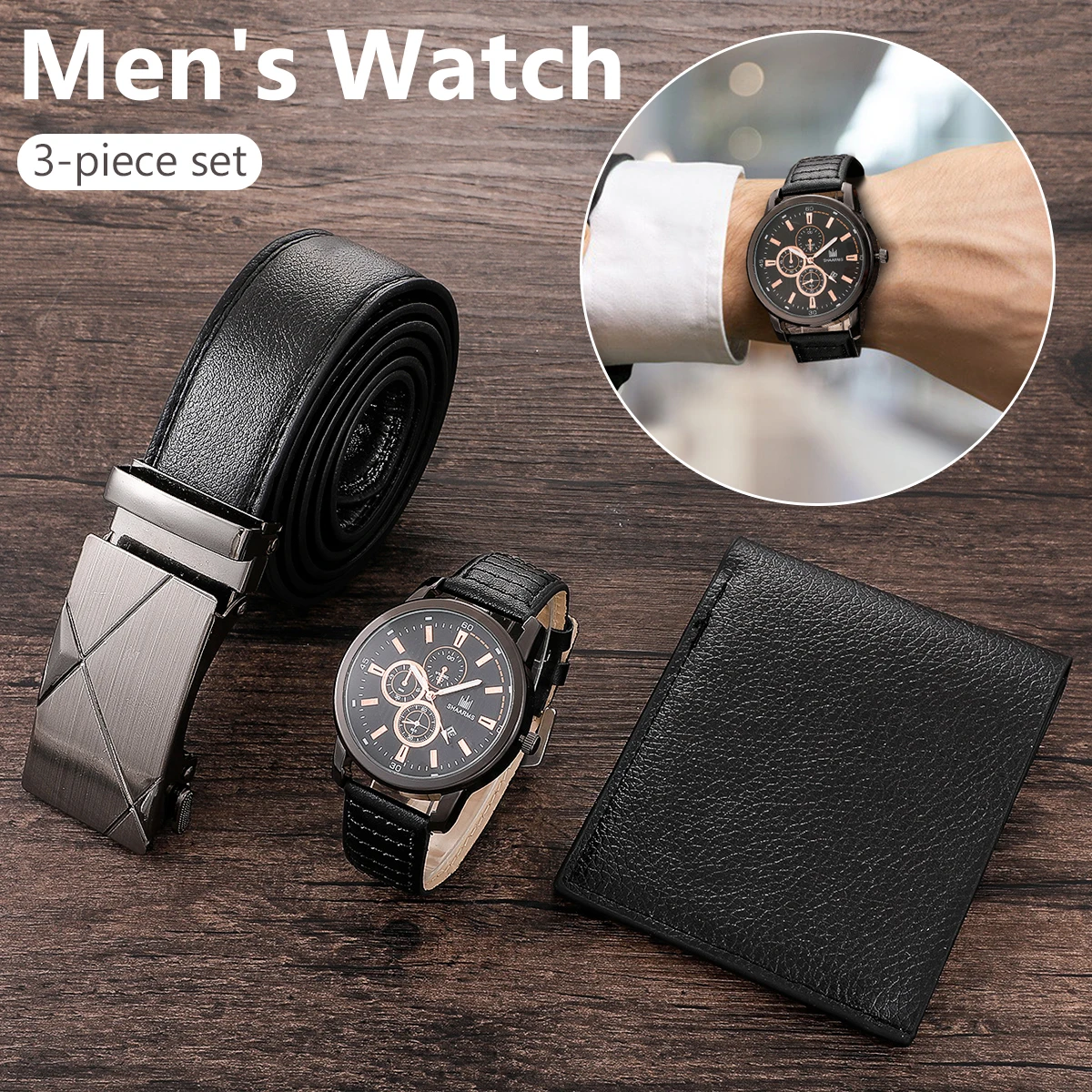 

Мужские часы + кошелек + ремень набор мужской подарок на день отца подарок на день рождения 3 шт./компл. красивые повседневные кварцевые часы ...