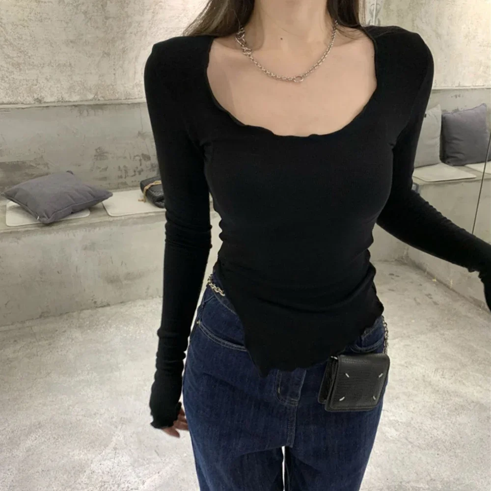 Шикарная модная однотонная футболка с длинным рукавом женская S-XL черная серая