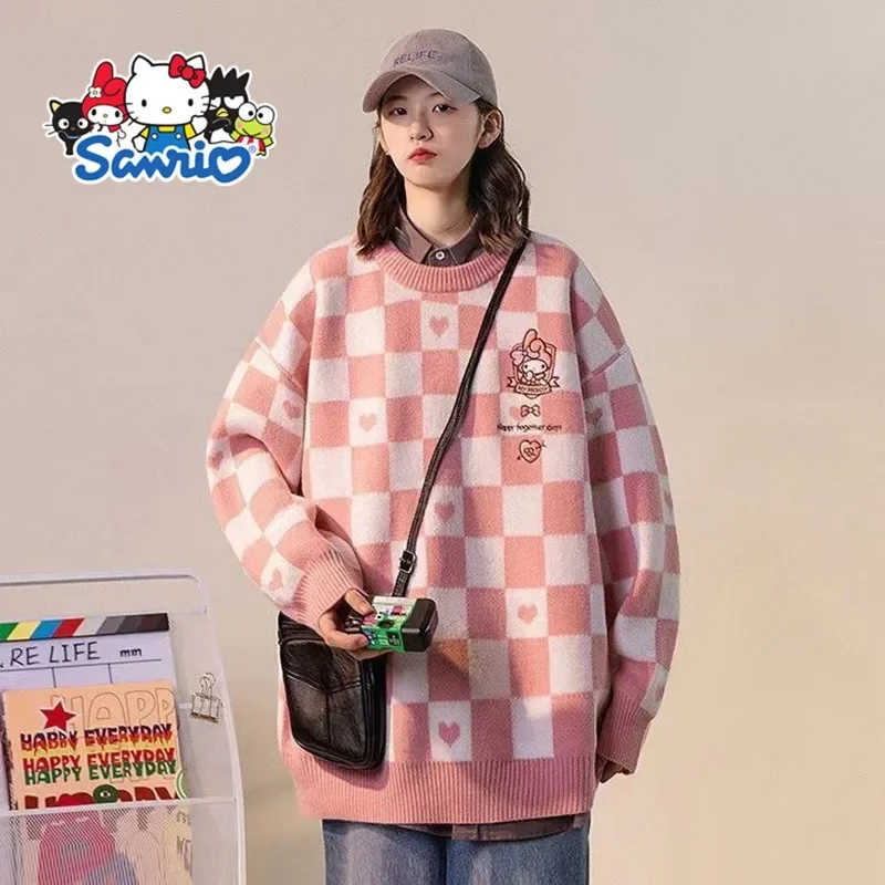 

Kawaii Sanrios Series Cinnamoroll My Melody Kuromi Jk Uniform Checkerboard Sweater Cardigan College Style Anime Loose Sweet Top