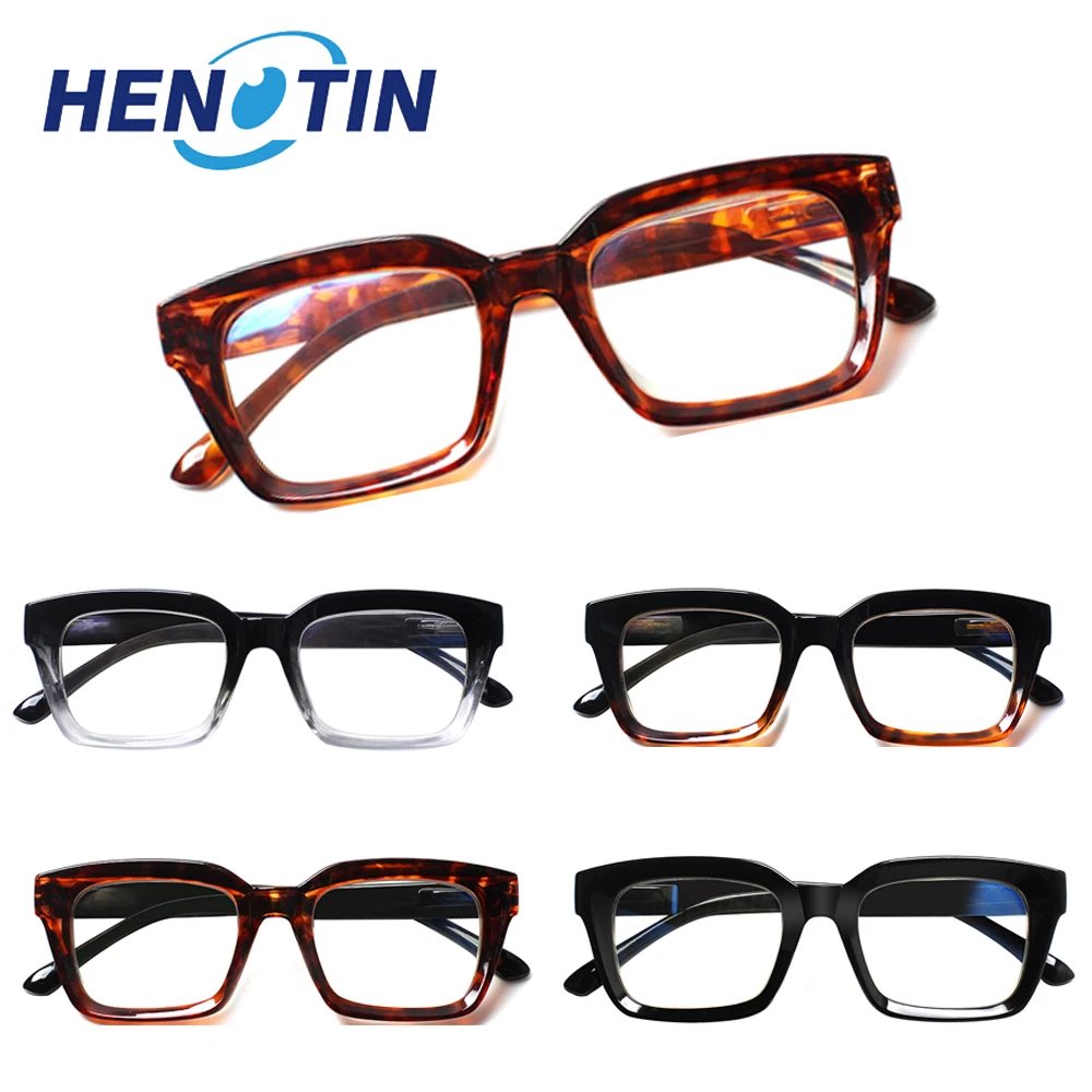 

Henotin Fashion Square Frame Reading Glasses for Men and Women with Spring Hinge HD Prescription Decorative Eyeglasses 0~600