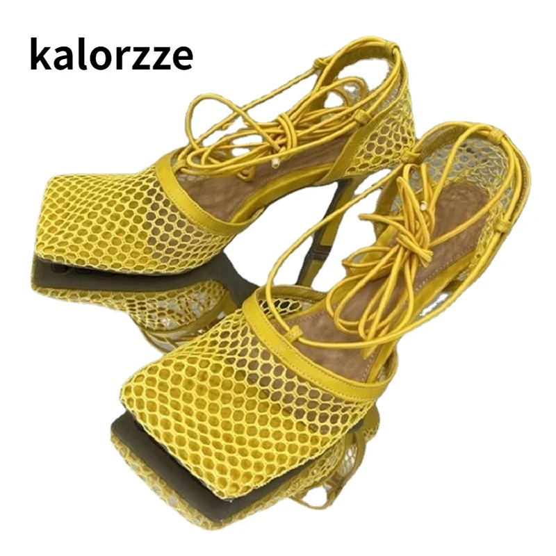 

Женские сетчатые туфли на шпильке, летние и американские модные сандалии из дышащей сетки с квадратным носком, на шнуровке, новинка 2023