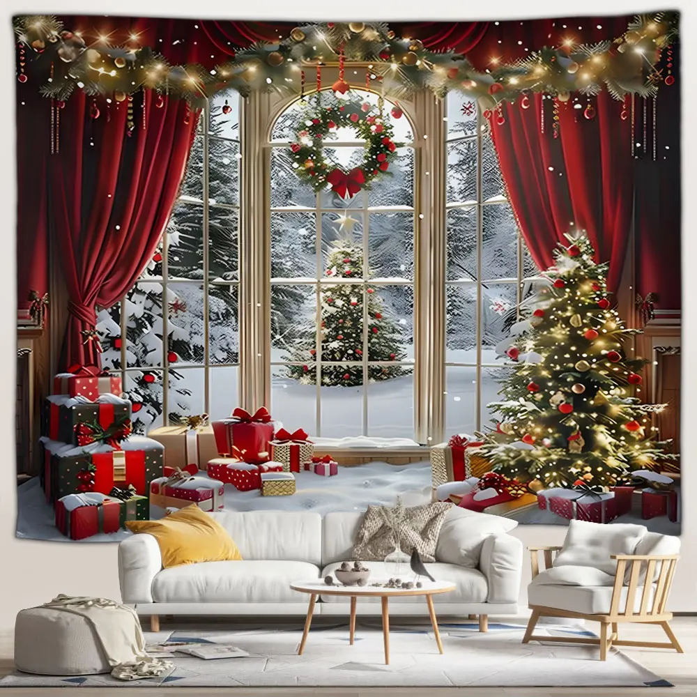 Рождественский гобелен красная занавеска рождественские елки наружное окно
