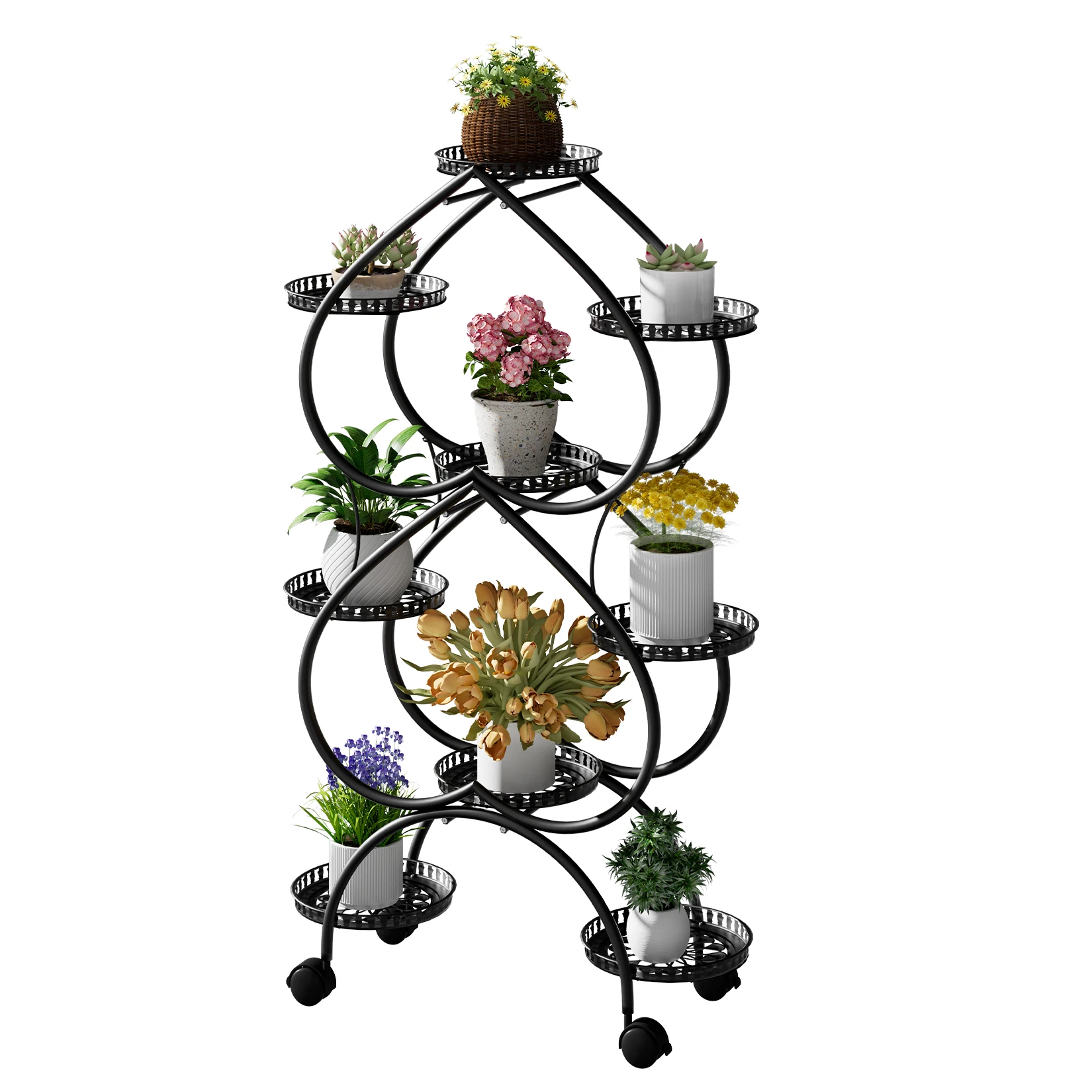 Фото Подставка-стеллаж Plan Stand Rack на 9 поддонов, черная, для цветочных горшков, с колесиками, для улицы №5