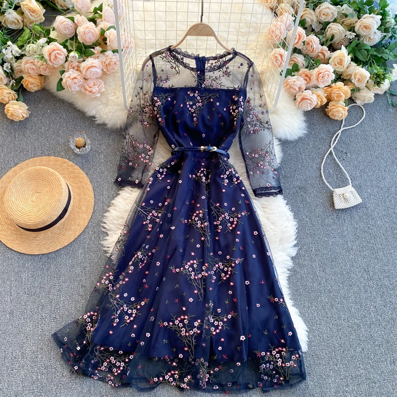 

Elegant Feminine High-end Heavy Round Neck Long Sleeve Mesh Plum Embroidery Tied Waist Dress