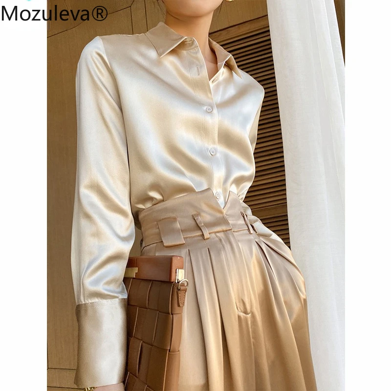 

Mozuleva Stylish Elegant Lapel Women Satin Blouses Shirts 2022 Spring Single-breasted Full Sleeve Loose Female Satin Shirts Tops