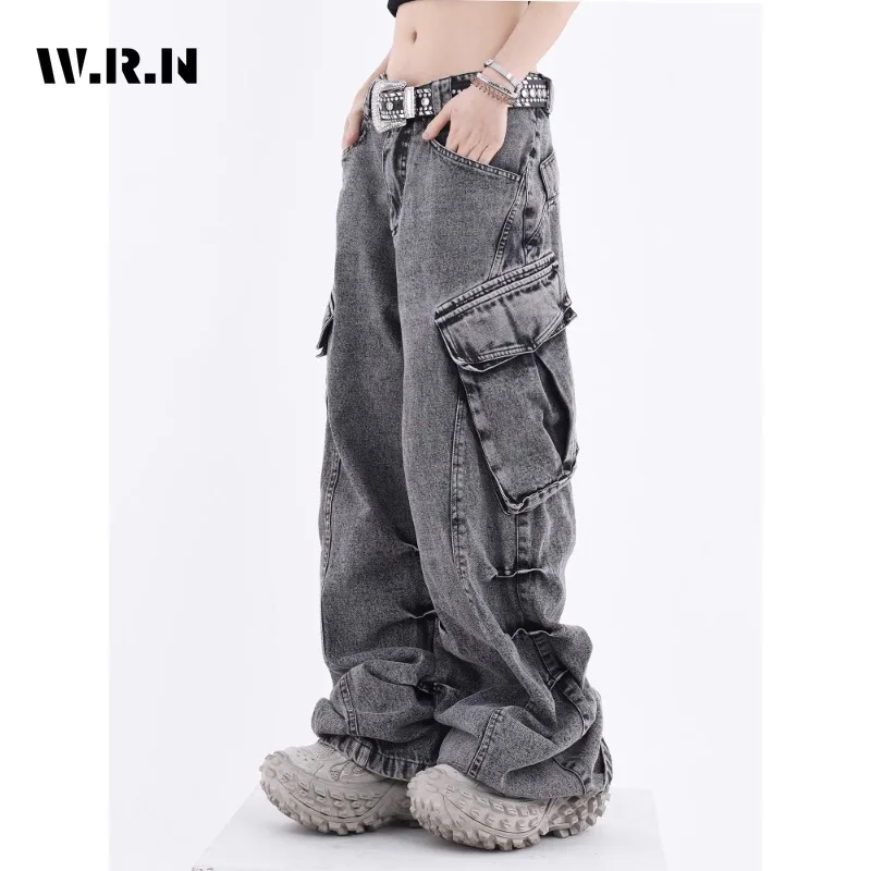 

Американские винтажные прямые джинсы-карго с высокой талией, женские повседневные мешковатые брюки Y2K с широкими штанинами, уличная одежда, стильные джинсовые брюки