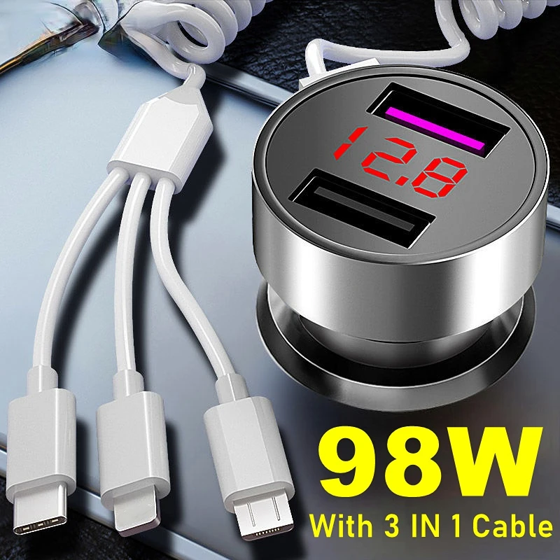 USB-кабель 3 в 1, металлическое автомобильное зарядное устройство Quick 7.4A, быстрая зарядка для iPhone 13, 11, Xiaomi, Huawei, адаптер зарядного устройства в автомобиле