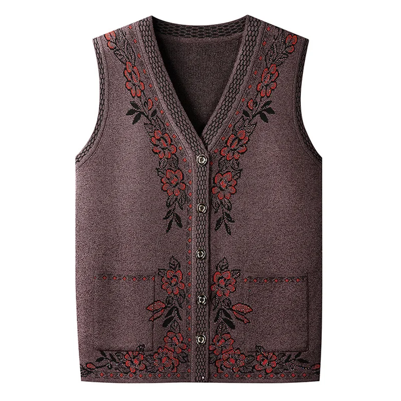Middle-aged Elderly Vest Sweaters Women Clothing Spring Autumn Knitted Sweater Wasitcoats Grandma Cardigan Coats FP219