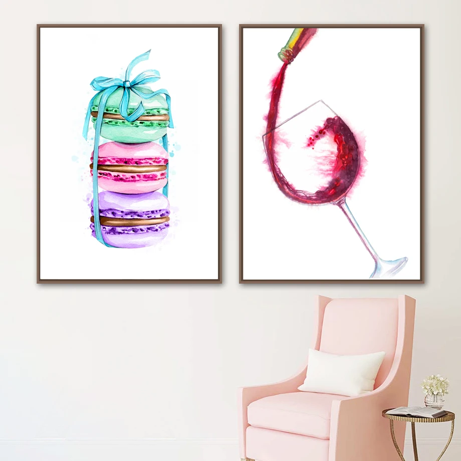 Акварель Париж макарон кофе круассаны вино скандинавские плакаты настенное