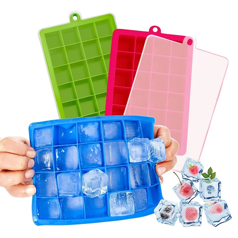 

Ice Cube Trays - 3 Pack Silicone Ice Cube Trays Molds With Lid , Removable And Stackable, 24 Ice Cubes Per Trays