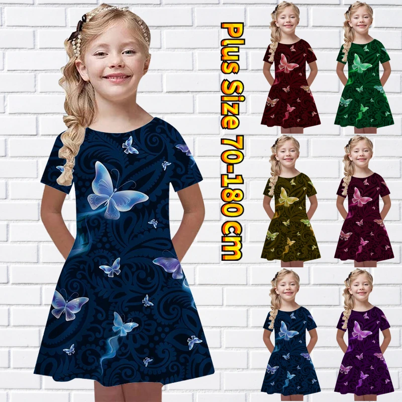 

Spring Autumn Round Neck Dress Little Girl Lovely Loose Knee-length Skirt Butterfly Printed Princess Skirt Short Sleeve Skirt