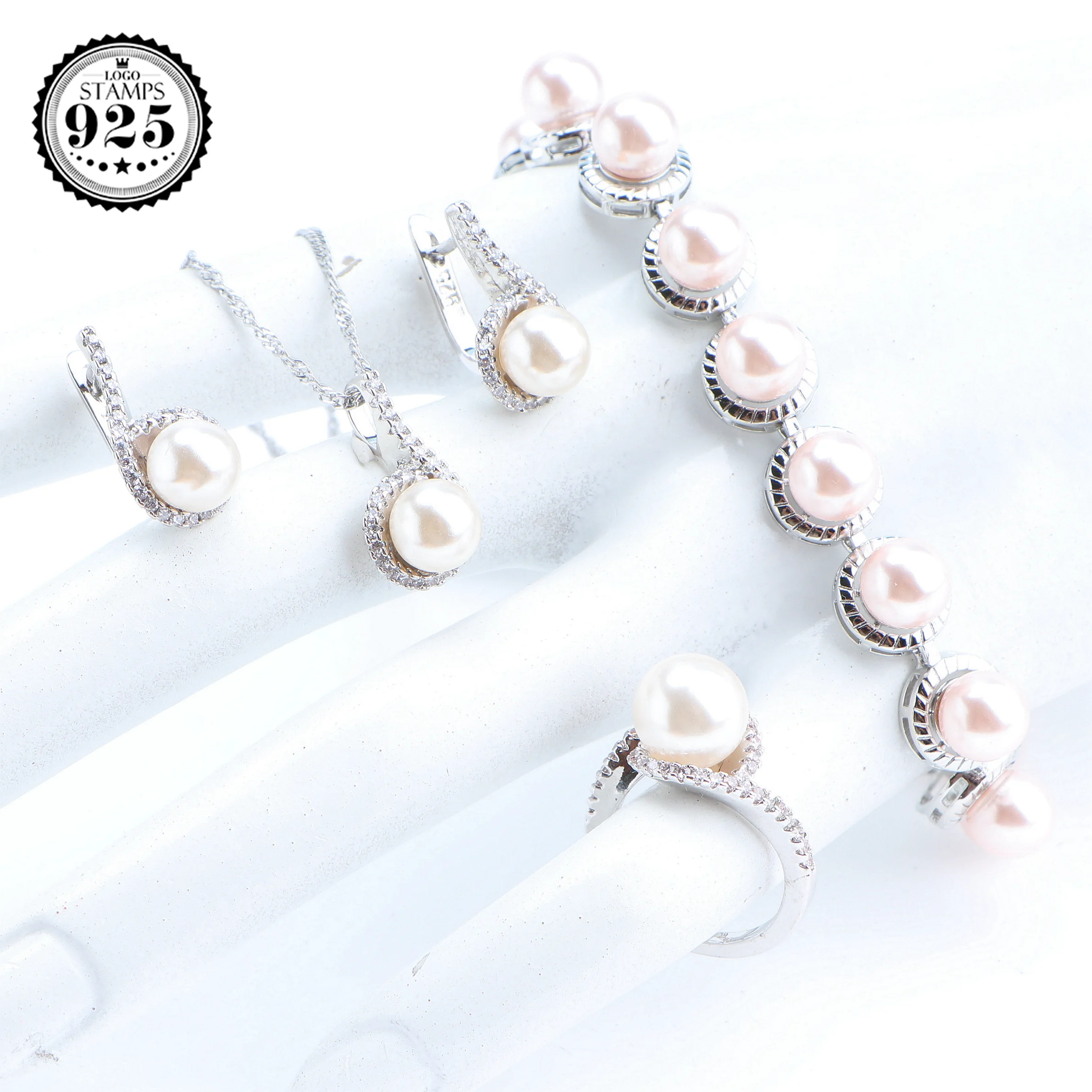

Bridal Pearls Jewelry Sets Silver 925 Jewelry Bracelets Earrings Rings Pendants Round White Zircon Necklace Set Bridal For Women