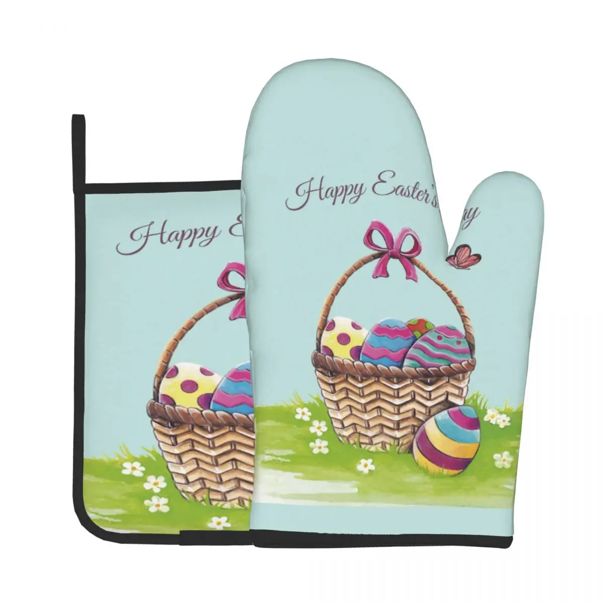 

Easter Basket Watercolor Eggs Potholder Mat Kitchen Baking Oven Cooking Gloves Microwave Insulation Mat Oven Mitts Anti-scald