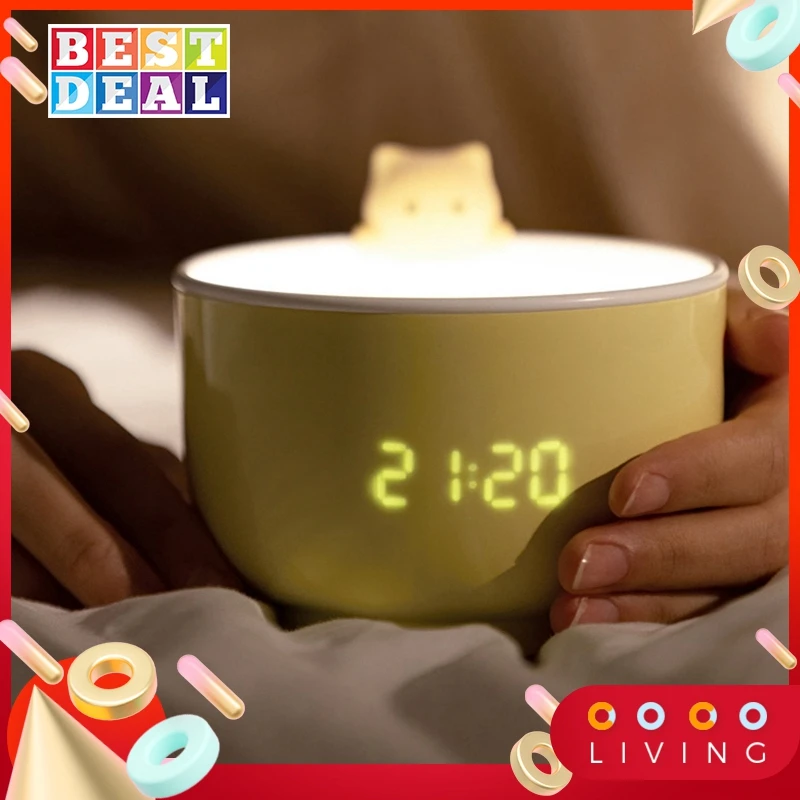 

Night Light Cute LED Alarm Clock Teacup Cat Lamp Touch Sensor Nightlights USB Rechargeable Bedside Light Table Lamp For Kid Gift